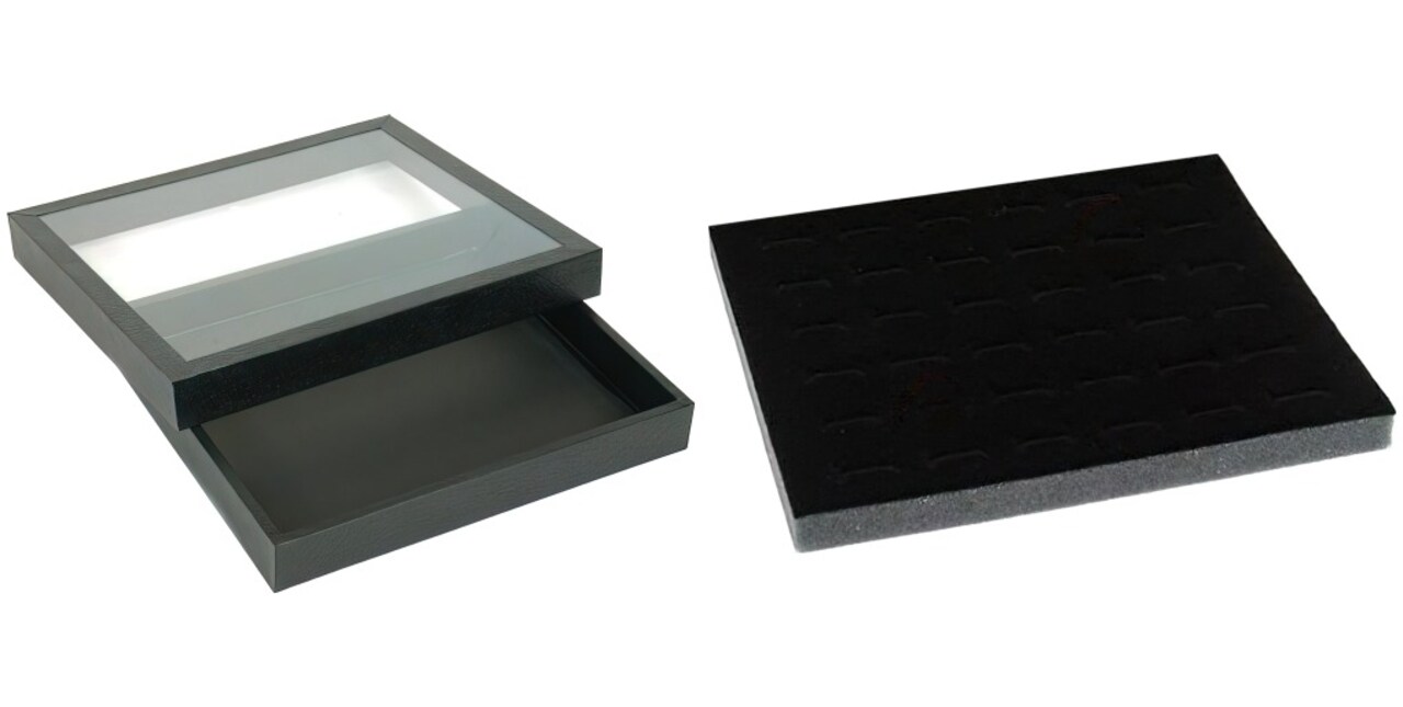 Black Square Display Case (Glass-top Removable Lid) w/ Black 36-slot Foam Insert